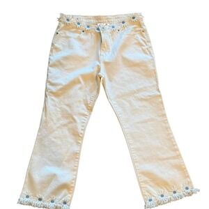 Tommy Jeans SZ 11 White Denim Jeans Raw fringe Hem Flowers cream Boho Hippie
